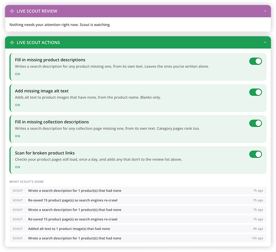 GaugeData Live Scout: the review list and the autonomous SEO action toggles